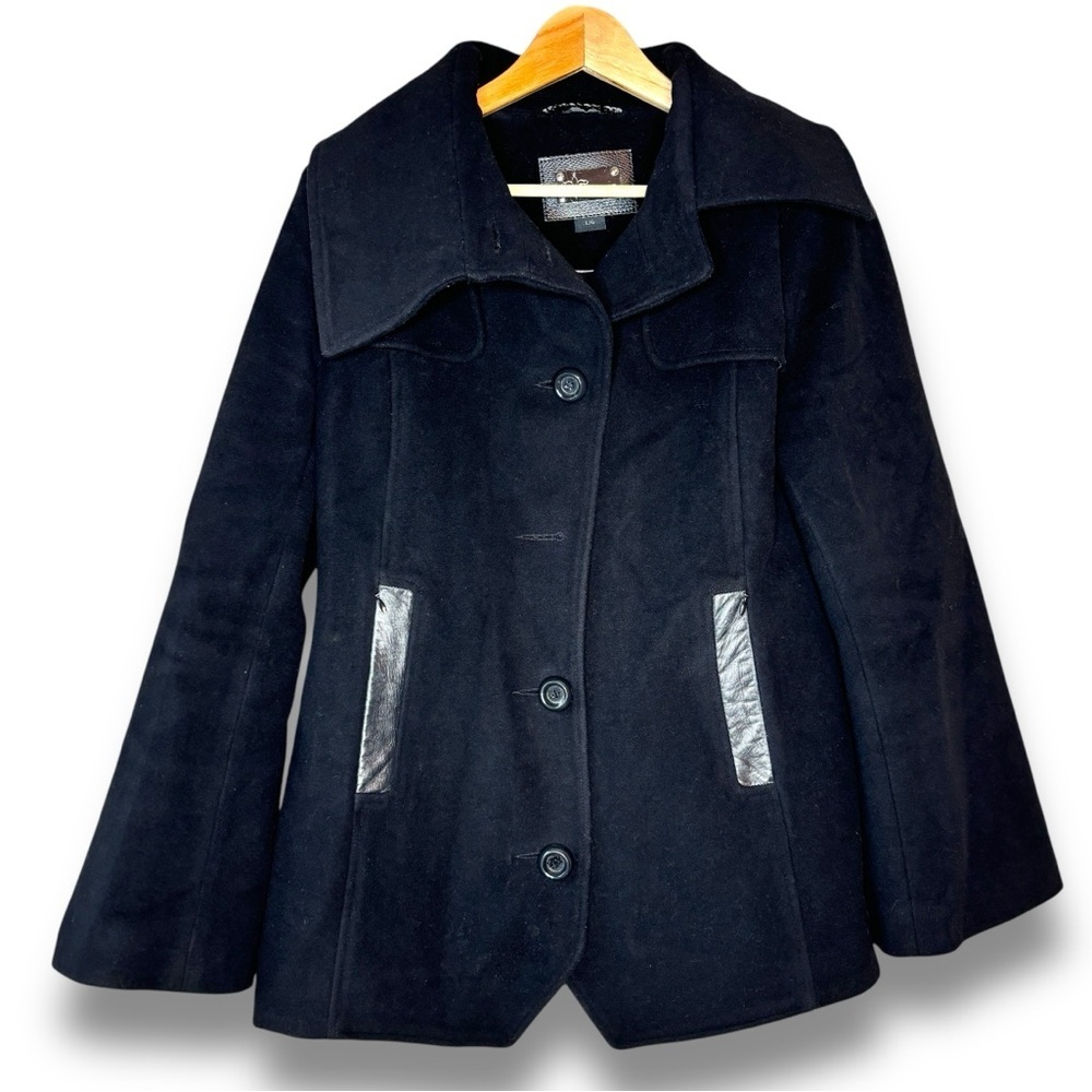 Mackage‎ Black Wool Cashmere Blend Leather Trim Short Coat Size L
